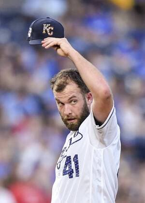 July 3, 2018 - Kansas City, MO, USA - Kansas City Royals starting pitcher Danny Duffy keeps an eye on the Cleveland Indians Francisco Lindor standing on first in the fifth inning on Tuesday, July 3, 2018, at Kauffman Stadium in Kansas City, Mo. Cleveland at Kansas City - ZUMAm67_ 20180703_zaf_m67_047 Copyright: xJohnxSleezerx