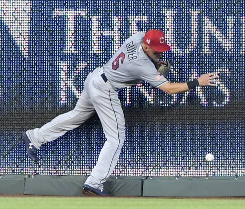 July 3, 2018 - Kansas City, MO, USA - Cleveland Indians right fielder Brandon Guyer drops a double by the Kansas City Royals Lucas Duda in the fifth inning on Tuesday, July 3, 2018, at Kauffman Stadium in Kansas City, Mo. Cleveland at Kansas City - ZUMAm67_ 20180703_zaf_m67_048 Copyright: xJohnxSleezerx