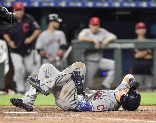 July 3, 2018 - Kansas City, MO, USA - The Cleveland Indians Brandon Guyer holds his leg after fouling the ball off it in the ninth inning against the Kansas City Royals on Tuesday, July 3, 2018, at Kauffman Stadium in Kansas City, Mo. Cleveland at Kansas City - ZUMAm67_ 20180703_zaf_m67_053 Copyright: xJohnxSleezerx