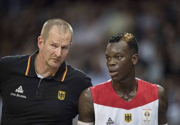 Coach coach Henrik ROEDL Rödl GER with Dennis SCHROEDER Schröder r GER Basketball World Cup qualifier Germany GER Austria AUT 85 63 at 29 06 2018 in Braunschweig Germany