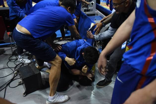 July 2, 2018 - Biulcan, Philippines - Chris Goulding of Australia lay on the floor as players from benches run to their teammates who figured in a brawl during the match between Australia and the Philippines for the FIBA Asian Qualifiers held at the Philippine Arena in the province of Bulacan, north of Manila in 02 July 2018. Australia beat the Philippines by default following a brawl in the third quarter that shocked basketball fans all over the world. Philippines v Australia - FIBA Asian Qualifiers  - ZUMAn230 20180702_zaa_n230_324 Copyright: xGeorgexCalvelox
