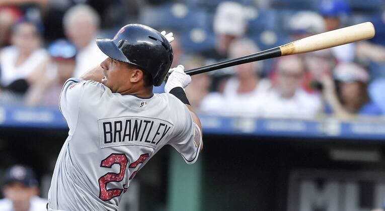 MLB, Kansas City Royals - Cleveland Indians July 4, 2018 - Kansas City, MO, USA - The Cleveland Indians Michael Brantley follows through on an RBI double in the first inning against the Kansas City Royals on Wednesday, July 4, 2018, at Kauffman Stadium in Kansas City, Mo. Cleveland at Kansas City - ZUMAm67_ 20180704_zaf_m67_018 Copyright: xJohnxSleezerx