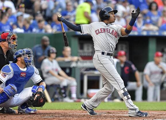 MLB, Kansas City Royals - Cleveland Indians July 4, 2018 - Kansas City, MO, USA - The Cleveland Indians Greg Allen follows through on a sacrifice fly to score Jason Kipnis in the second inning against the Kansas City Royals on Wednesday, July 4, 2018, at Kauffman Stadium in Kansas City, Mo. Cleveland at Kansas City - ZUMAm67_ 20180704_zaf_m67_025 Copyright: xJohnxSleezerx