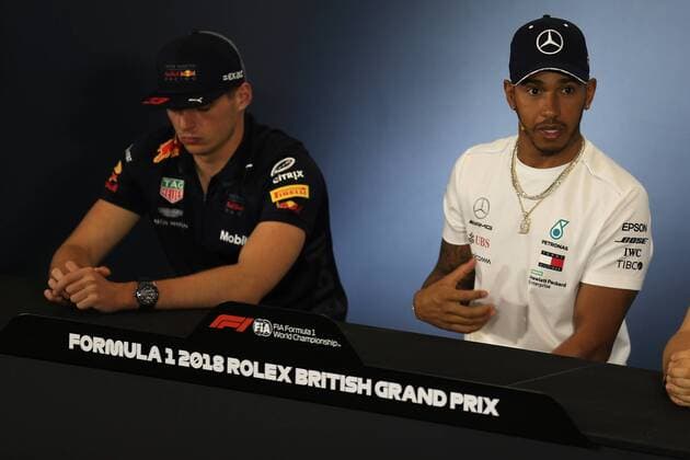 5th July 2018, Silverstone Circuit, Silverstone, England; British Formula One Grand Prix, driver arrivals and press conference PK Pressekonferenz Aston Martin Red Bull Racing TAG Heuer, Max Verstappen, Mercedes AMG Petronas Motorsport, Lewis Hamilton and Alfa Romeo Sauber F1 Team, Charles Leclerc  ActionPlus12044242 Octane