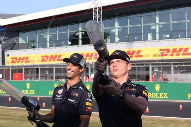 Photo4 LaPresse 05 07 2018 Silverstone, England Grand Prix Formula One England 2018 In the pic: Max Verstappen (NED) Red Bull Racing RB14 and Daniel Ricciardo (AUS) Red Bull Racing RB14  Copyright: xPhoto4 LaPressex