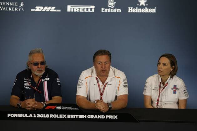 Photo4 LaPresse 06 07 2018 Silverstone, England Grand Prix Formula One England 2018 In the pic: Official Fia press conference PK Pressekonferenz L to R Vijay Mallya (IND) Sahara Force India F1 Team Owner, Zak Brown (USA) McLaren Executive Director and Claire Williams (GBR) Williams Deputy Team Principa  Copyright: xPhoto4 LaPressex