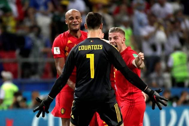 WM 2018, Brasilien - Belgien Belgian goalkeeper Thibaut Courtois (C) celebrates with teammates at the end of the FIFA World Cup WM Weltmeisterschaft Fussball 2018 quarter-finals soccer match between Brazil and Belgium, at Kazan Arena in Kazan, Russia, 6 July 2018. BRAZIL VS. BELGIUM !ACHTUNG: NUR REDAKTIONELLE NUTZUNG!  Copyright: xJulioxMunozx FWC58-231 20180706-636665117185829612