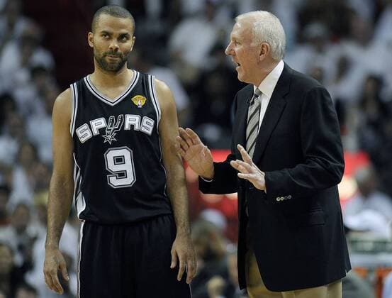 June 9, 2013 - Miami, FL, USA - In a June 2013 file image, San Antonio Spurs head coach Gregg Popovich instructs guard Tony Parker during Game 2 of the NBA Basketball Herren USA Finals against the Miami Heat at the AmericanAirlines Arena in Miam. Source: After 17 seasons with Spurs, Tony Parker to sign two-year deal with Hornets - ZUMAm67_ 20130609_zaf_m67_168 Copyright: xMichaelxLaughlinx