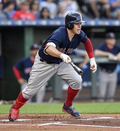 July 6, 2018 - Kansas City, MO, USA - The Boston Red Sox s Brock Holt follows through on a two-run single in the first inning against the Kansas City Royals on Friday, July 6, 2018, at Kauffman Stadium in Kansas City, Mo. Boston at Kansas City - ZUMAm67_ 20180706_zaf_m67_018 Copyright: xJohnxSleezerx