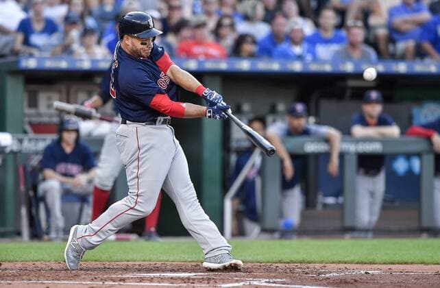 July 6, 2018 - Kansas City, MO, USA - The Boston Red Sox s Steve Pearce connects on a double in the second inning against the Kansas City Royals on Friday, July 6, 2018, at Kauffman Stadium in Kansas City, Mo. Boston at Kansas City - ZUMAm67_ 20180706_zaf_m67_023 Copyright: xJohnxSleezerx