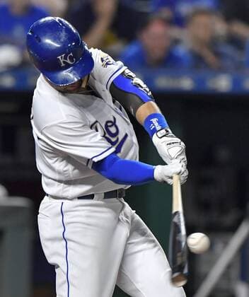 July 6, 2018 - Kansas City, MO, USA - The Kansas City Royals Whit Merrifield connects on an RBI single to score Adalberto Mondesi in the ninth inning against the Boston Red Sox on Friday, July 6, 2018, at Kauffman Stadium in Kansas City, Mo. The Red Sox won, 10-5. Boston at Kansas City - ZUMAm67_ 20180706_zaf_m67_038 Copyright: xJohnxSleezerx