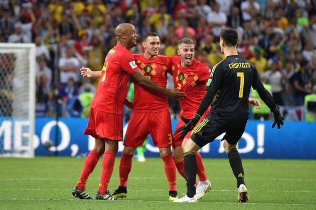 Schlussubel Belgien mit v.li:Vincent KOMPANY (BEL),Thomas VERMAELEN (BEL),Toby ALDERWEIRELD (BEL), Thibaut COURTOIS,Torwart (BEL), Aktion, Jubel,Freude,Begeisterung,. Brasilien (BRA) - Belgien (BEL) 1-2, Viertelfinale ,Round of Eight,Spiel 58 am 06.07.2018 in Kazan,Kasan Arena. Fussball Weltmeisterschaft 2018 in Russland vom 14.06. - 15.07.2018. *** Final bout Belgium with v left Vincent KOMPANY BEL Thomas VERMAELEN BEL Toby ALDERWEIRELD BEL Thibaut COURTOIS Goalkeeper BEL Action Cheers Delight Enthusiasm Brazil BRA Belgium BEL 1 2 Quarterfinals Round of Eight Game 58 on 06 07 2018 in Kazan Kazan Arena Football World Cup 2018 in Russia from 14 06 15 07 2018