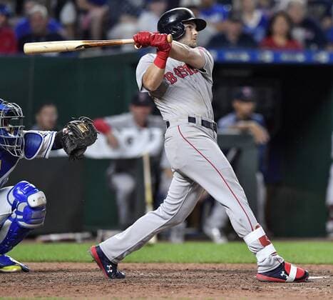 July 7, 2018 - Kansas City, MO, USA - The Boston Red Sox s Andrew Benintendi follows through on a solo home run in the eighth inning against the Kansas City Royals at Kauffman Stadium in Kansas City, Mo., on Saturday, July 7, 2018. The Red Sox won, 15-4. Boston at Kansas City - ZUMAm67_ 20180707_zaf_m67_042 Copyright: xJohnxSleezerx