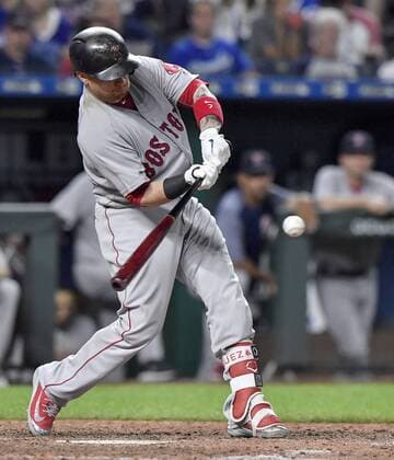 July 7, 2018 - Kansas City, MO, USA - The Boston Red Sox s Christian Vazquez lines up a two-run single in the seventh inning against the Kansas City Royals at Kauffman Stadium in Kansas City, Mo., on Saturday, July 7, 2018. The Red Sox won, 15-4. Boston at Kansas City - ZUMAm67_ 20180707_zaf_m67_045 Copyright: xJohnxSleezerx
