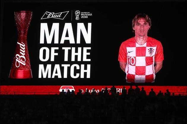 SOCHI, RUSSIA - JULY 7, 2018: A screen showing Croatia s Luka Modric chosen the Man of the Match in the 2018 FIFA World Cup WM Weltmeisterschaft Fussball Quarterfinal match between Russia and Croatia at Fisht Stadium. Croatia won the game on penalties 4-3. Valery Sharifulin TASS  TS088ADA