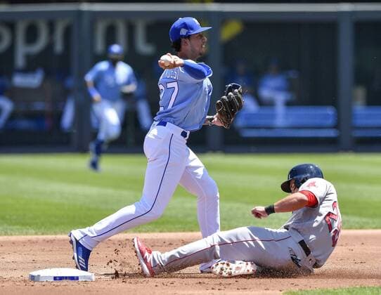 July 8, 2018 - Kansas City, MO, USA - Kansas City Royals second baseman Adalberto Mondesi forces out Boston Red Sox s Steve Pearce at second and completes the double play on Mitch Moreland in the first inning during Sunday s baseball game on July 8, 2018, at Kauffman Stadium in Kansas City, Mo. Red Sox vs Royals - ZUMAm67_ 20180708_zaf_m67_012 Copyright: xJohnxSleezerx