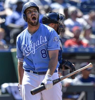 July 8, 2018 - Kansas City, MO, USA - Kansas City Royals Mike Moustakas walks back to the dugout after striking out in the seventh inning during Sunday s baseball game against the Boston Red Sox on July 8, 2018, at Kauffman Stadium in Kansas City, Mo. Red Sox vs Royals - ZUMAm67_ 20180708_zaf_m67_019 Copyright: xJohnxSleezerx