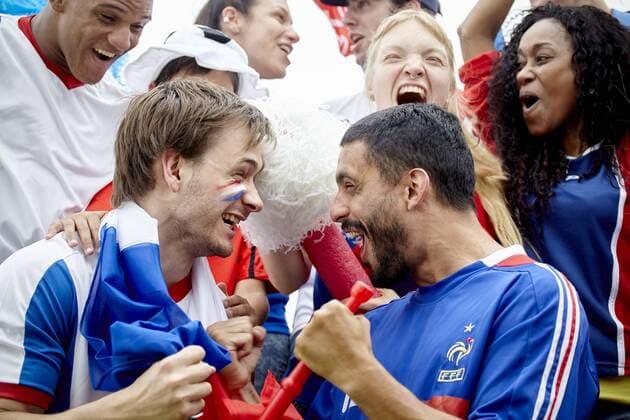 French football supporters celebrating victory at match  Copyright: BelenxMajdalani B14667938