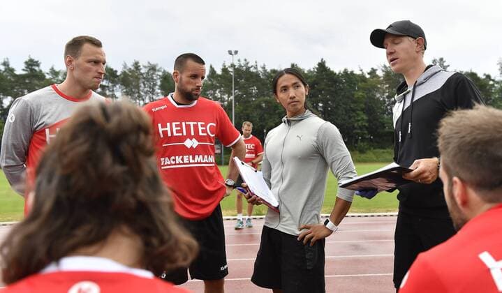 10 07 2018 Handball 1 Bundesliga Season 2018 2019 HC Erlangen HCE Fitness Test Lactate Test from left Martin Murawski 24 HC Erlangen HCE Florian of Gruchalla 36 HC Erlangen HCE Chi An Thai Athletics Coach HC Erlangen HCE Dr Andreas Wittke Athletics Coach HC Erlangen HCE