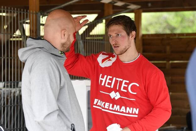 10 07 2018 Handball 1 Bundesliga Season 2018 2019 HC Erlangen HCE Fitness Test Lactate Test Adalsteinn Eyjolfsson Coach HC Erlangen HCE and Jan Schäffer 25 HC Erlangen HCE