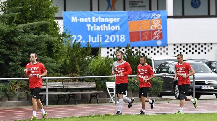 10 07 2018 Handball 1 Bundesliga Season 2018 2019 HC Erlangen HCE Fitness Test Lactate Test from left Johannes Sellin 5 HC Erlangen HCE Nico Büdel 20 HC Erlangen Florian of Gruchalla 36 HC Erlangen HCE Martin Murawski 24 HC Erlangen HCE