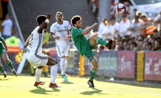 UEFA Champions League First Qualifying Round First Leg, Turner s Cross, Cork 10 7 2018 Cork City vs Legia Warsaw Cork s Barry McNamee and William Remy of Legia Warsaw Barry McNamee and William Remy 10 7 2018  Copyright: x©INPHO RyanxByrnex RB1_2965