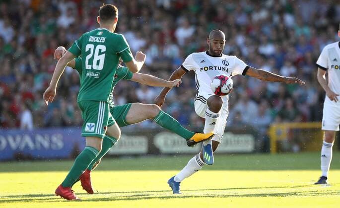 UEFA Champions League First Qualifying Round First Leg, Turner s Cross, Cork 10 7 2018 Cork City vs Legia Warsaw Cork s Gearoid Morrissey and Jose Kante of Legia Warsaw Gearoid Morrissey and Jose Kante 10 7 2018  Copyright: x©INPHO RyanxByrnex RB1_3234