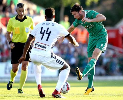 UEFA Champions League First Qualifying Round First Leg, Turner s Cross, Cork 10 7 2018 Cork City vs Legia Warsaw Cork s Gearoid Morrissey and William Remy of Legia Warsaw Gearoid Morrissey and William Remy 10 7 2018  Copyright: x©INPHO RyanxByrnex RB1_3302