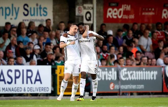 UEFA Champions League First Qualifying Round First Leg, Turner s Cross, Cork 10 7 2018 Cork City vs Legia Warsaw Michal Kucharczyk of Legia Warsaw celebrates scoring the first goal of the game with Cafu Michal Kucharczyk celebrates scoring with Cafu 10 7 2018  Copyright: x©INPHO RyanxByrnex RB1_4012