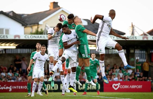 UEFA Champions League First Qualifying Round First Leg, Turner s Cross, Cork 10 7 2018 Cork City vs Legia Warsaw Cork s Danny Cummins with Cafu and Inaki Astiz of Legia Warsaw Danny Cummins with Cafu and Inaki Astiz 10 7 2018  Copyright: x©INPHO RyanxByrnex RB2_0247
