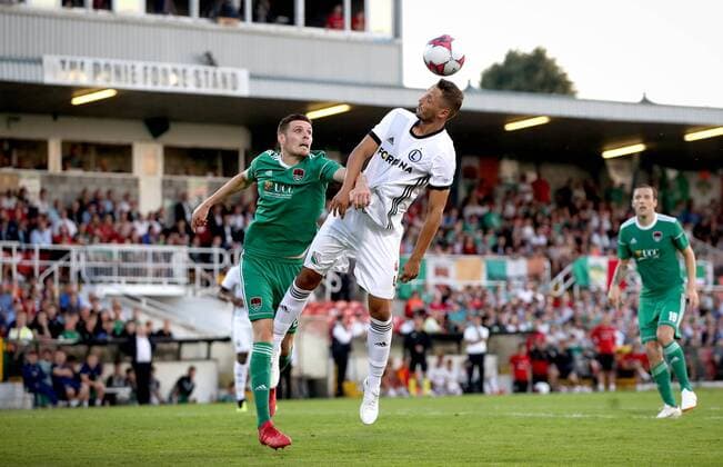 UEFA Champions League First Qualifying Round First Leg, Turner s Cross, Cork 10 7 2018 Cork City vs Legia Warsaw Cork s Garry Buckely and Mateusz Wieteska of Legia Warsaw Garry Buckely and Mateusz Wieteska 10 7 2018  Copyright: x©INPHO RyanxByrnex RB2_0273