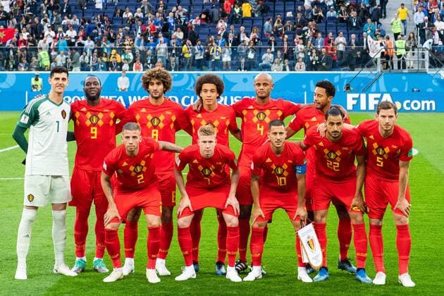 180710 Starting eleven or Belgium goalkeeper Thibaut Courtois Romelu Lukaku Marouane Fellaini Axel Witsel Vincent Kompany Moussa Dembele Toby Alderweireld Kevin De Bruyne Eden Hazard Nacer Chadli and Jan Vertonghen prior to the FIFA World Cup semi final match between France and Belgium on July 10, 2018 in St. Petersburg Photo Petter Arvidson BILDBYRAN Code PA 92084  Copyright: PETTERxARVIDSON BB180710PA208