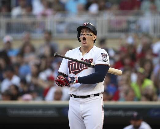 July 10, 2018 - Minneapolis, MN, USA - Minnesota Twins designated hitter Logan Morrison adjusts his batting gloves in the second inning against the Kansas City Royals on Tuesday, July 10, 2018, at Target Field in Minneapolis. Kansas City at Minnesota - ZUMAm67_ 20180710_zaf_m67_021 Copyright: xJeffxWheelerx