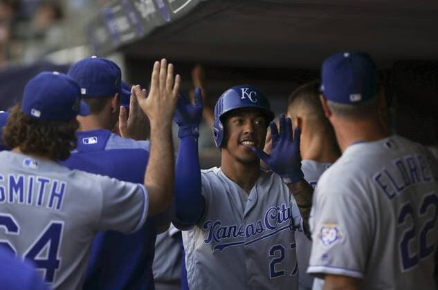 July 10, 2018 - Minneapolis, MN, USA - The Kansas City Royals Adalberto Mondesi is congratulated in the dugout after his three-run home run in the second inning against the Minnesota Twins on Tuesday, July 10, 2018, at Target Field in Minneapolis. Kansas City at Minnesota - ZUMAm67_ 20180710_zaf_m67_023 Copyright: xJeffxWheelerx