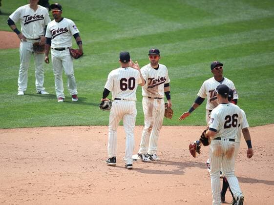 July 11, 2018 - Minneapolis, MN, USA - The Minnesota Twins celebrate an 8-5 win against the Kansas City Royals at Target Field in Minneapolis on Wednesday, July 11, 2018. Kansas City at Minnesota - ZUMAm67_ 20180711_zaf_m67_006 Copyright: xJerryxHoltx