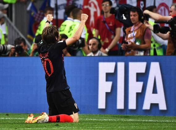 Luka Modric of Croatia celebrates after his team defeated England in their semifinal match during the 2018 FIFA World Cup WM Weltmeisterschaft Fussball in Moscow, Russia, 11 July 2018. Croatia ends England in extra time to meet France in World Cup final  20180712_04476