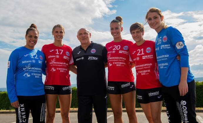 11 07 2018 Mühlhausen Handball Bundesliga Women Season 2018 2019 THC Erfurt Bad Langensalza NEW Kristl Lysanne Zimmermann 12 Thueringer HC Alice Stolle 17 Thueringer HC Coach Herbert Müller 99 Thueringer HC Emily Bölk 20 Thueringer HC Ina Großmann 21 Thueringer HC undAnn Cathrin Johanna Giegerich 16 Thueringer HC action