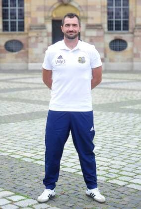 The team of 1 FC Saarbrücken on Thursday 12 07 2018 in front of the Ludwigskirche in Saarbrücken Pictured Frank Kackert goalkeeper coach