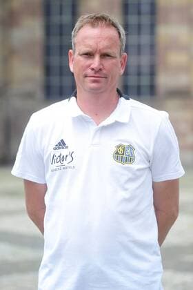 The team of the 1 FC Saarbrücken on Thursday 12 07 2018 in front of the Ludwigskirche in Saarbrücken Pictured Robert Roelofsen co trainer