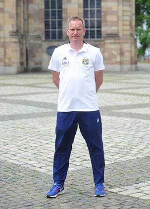 The team of the 1 FC Saarbrücken on Thursday 12 07 2018 in front of the Ludwigskirche in Saarbrücken Pictured Robert Roelofsen co trainer