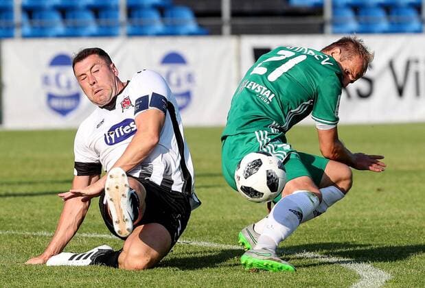 UEFA Europa League First Qualifying Round First Leg, Kadriorg Stadium, Tallinn, Estonia 12 7 2016 Levadia Tallinn vs Dundalk Dundalk s Brian Gartland with Nikita Andreev of Levadia Tallinn Brian Gartland with Nikita Andreev 12 7 2018  Copyright: x©INPHO EveliisxMeex IMG_0890