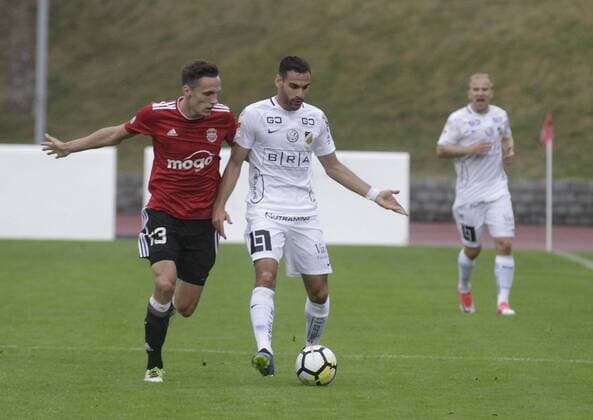 180712 Liepajas Krisjanis Zviedris L and Häckens Mervan Celik during the UEFA Europe League qualifying match between Liepaja vs Häcken on 12th of July 2018 in Liepaja Latvia  Copyright: ValdaxKalnina BB180712BB541