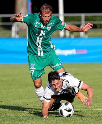 UEFA Europa League First Qualifying Round First Leg, Kadriorg Stadium, Tallinn, Estonia 12 7 2016 Levadia Tallinn vs Dundalk Dundalk s Jamie McGrath with Pavel Marin of Levadia Jamie McGrath with Pavel Marin 12 7 2018  Copyright: x©INPHO EveliisxMeex IMG_1137