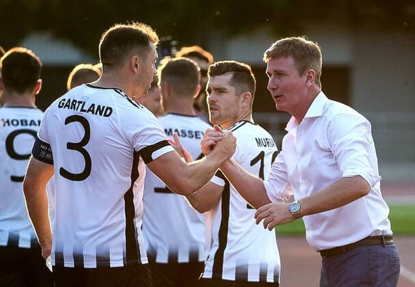 UEFA Europa League First Qualifying Round First Leg, Kadriorg Stadium, Tallinn, Estonia 12 7 2016 Levadia Tallinn vs Dundalk Dundalk Manager Stephen Kenny celebrates with Brian Gartland after the game Stephen Kenny celebrates with Brian Gartland after the game 12 7 2018  Copyright: x©INPHO EveliisxMeex IMG_1759