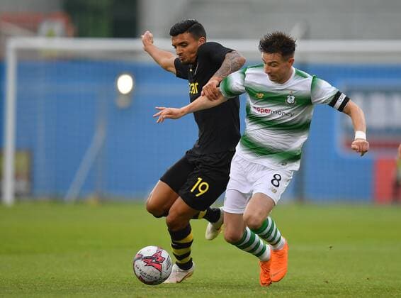 180712 Ronan Finn or Shamrock Rovers in action against Ahmed Yasin or AIK during the UEFA Europa League 1st Qualifying Round First leg match between Shamrock Rovers and AIK on July 12, 2018 in Dublin  Copyright: RayxMcManus BB180712BB623