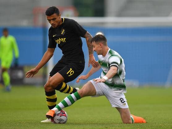 180712 Ronan Finn or Shamrock Rovers in action against Ahmed Yasin or AIK during the UEFA Europa League 1st Qualifying Round First leg match between Shamrock Rovers and AIK on July 12, 2018 in Dublin  Copyright: RayxMcManus BB180712BB624