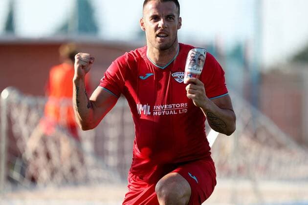 Fußball, EL Qualifikation, Balzan FC - FK Keshla 12 07 2018 - Centenary Stadium, Ta Qali, Malta UEFA Europa League 2018 2019 First Qualifying Round, First Leg Balzan FC striker Bojan Kaljevic celebrates scoring during the UEFA Europa League, First Qualifying Round, first leg match between Balzan FC of Malta and Kesla FK from Azerbaijan at the Centenary Stadium, Ta Qali, Malta on 12 July, 2018. Balzan FC won the first leg 4-1. Balzan FC v Kesla FK - UEFA Europa League 2018 19 UEL_18_19