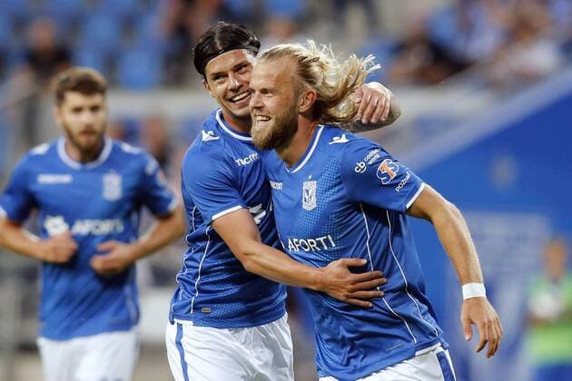 12.07.2018 POZNAN, UL. BULGARSKA PILKA NOZNA (FOOTBALL), 1 RUNDY ELIMINACJI DO LIGI EUROPY (UEFA EUROPA LEAGUE , FIRST QUALIFYING ROUND) MECZ (GAME) LECH POZNAN - GANDZASAR KAPAN NZ. DARKO JEVTIC , CHRISTIAN GYTKJAER RADOSC BRAMKA GOL FOTO JAKUB PIASECKI CYFRASPORT NEWSPIX.PL --- Newspix.pl  20180712CSJP3047