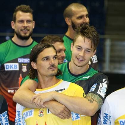 Michael Damgaard re and goalkeeper Jannick Green Krejberg SC Magdeburg handball Bundesliga season 2018 2019 official photo shoot Portrait date 2018 2019 SC Magdeburg in the GETEC Arena in Magdeburg Germany handball man men 11 11 2018