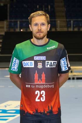 Albin Lagergren SC Magdeburg 1 BL Handball Bundesliga Season 2018 2019 Official photo date Portrait date 2018 2019 SC Magdeburg in the GETEC Arena in Magdeburg Portrait Germany Handball Mann Maenner 11 07 2018